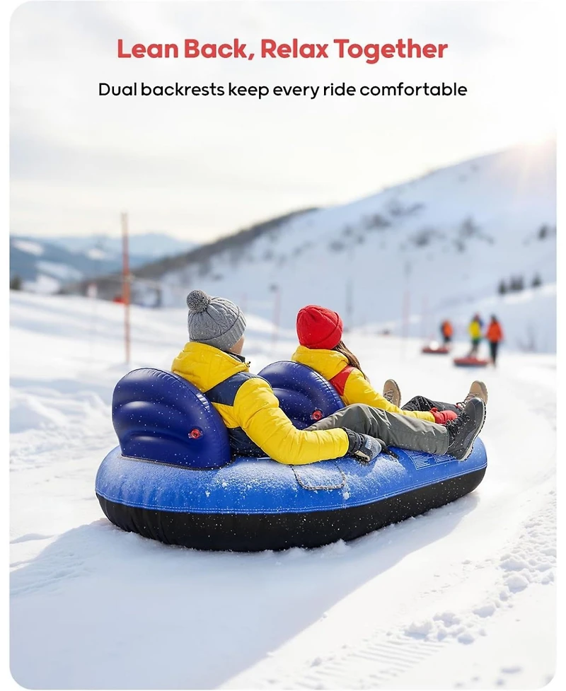 Qpau 2-Person Inflatable Snow Tube with Dual Backrests and Tow Rope, Heavy Duty Canvas-Covered Blow Up Snow Sled