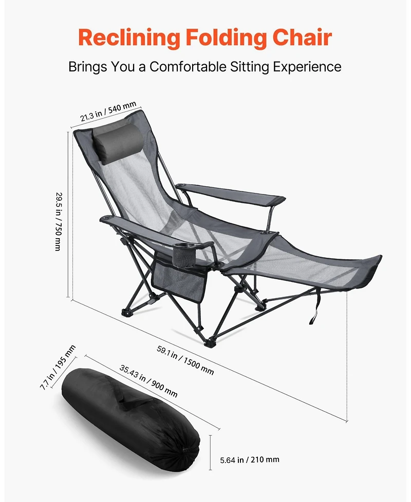 Mecale Reclining Camping Chair with Headrest and Foot Rest 220 lbs