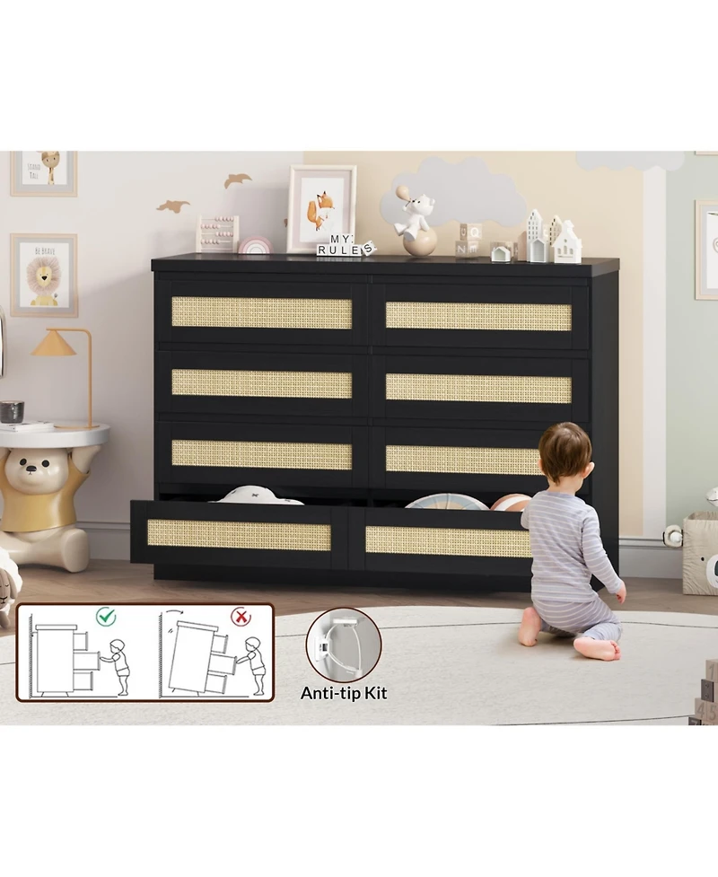 gaomon Bedroom 47.24 Inch 8 Drawer Rattan Dresser, Wooden Chest of Drawers with Farmhouse Storage