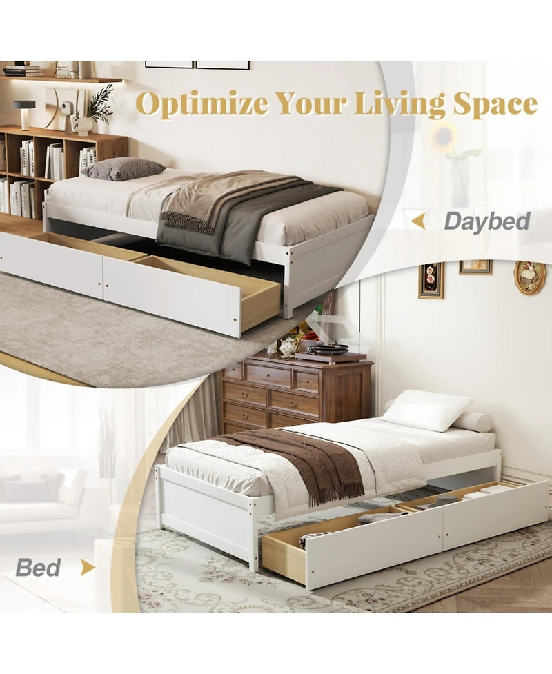 Gouun Twin Pine Wood Bed Frame with Storage Drawers and Captain Style