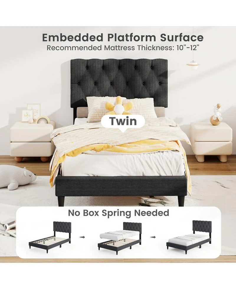 Gouun Twin Linen Upholstered Bed Frame with Tufted Headboard