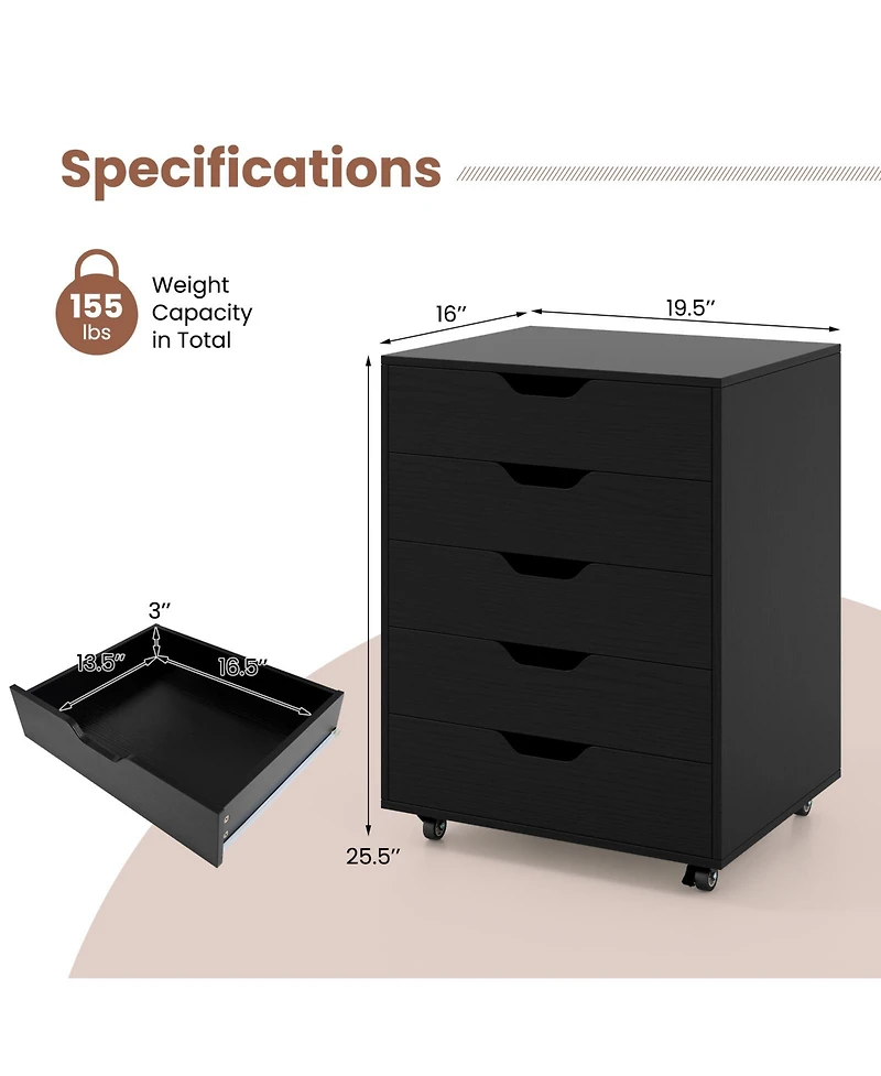 Sugift 5 Drawer Mobile File Cabinet with Wheels for Living Room