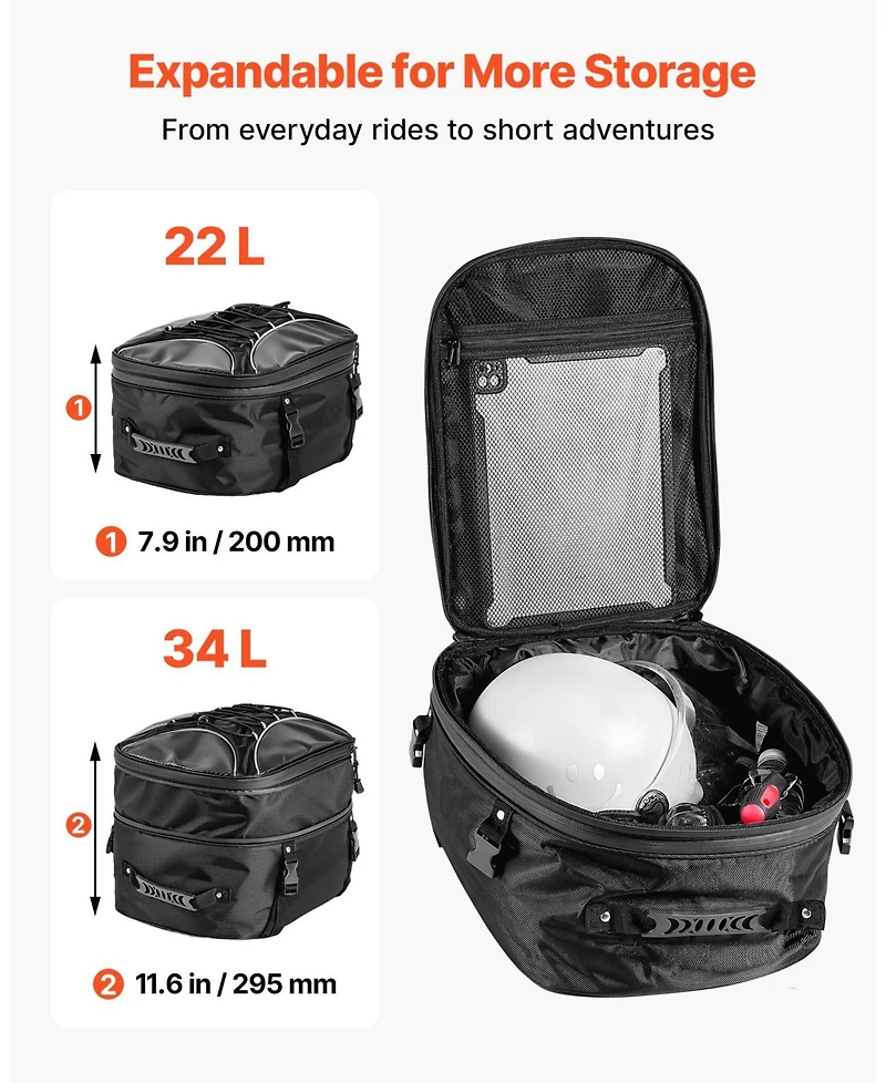 Mecale 22 to 34L Expandable Motorcycle Tail Bag with Waterproof Rain Cover