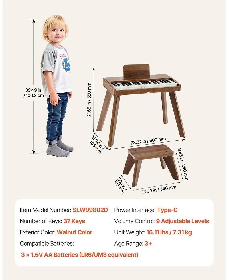 Mecale 37 Key Wooden Digital Piano Set with Dual Power, Ages 3