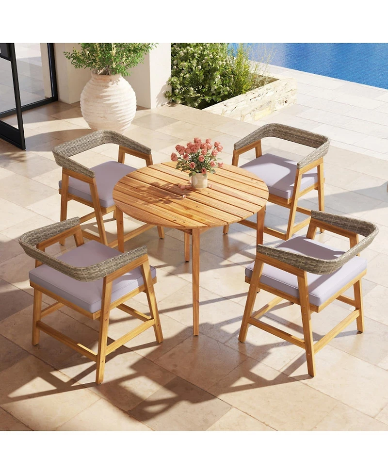 Gouun 5-Piece Acacia Wood and Pe Rattan Patio Dining Set with Cushions