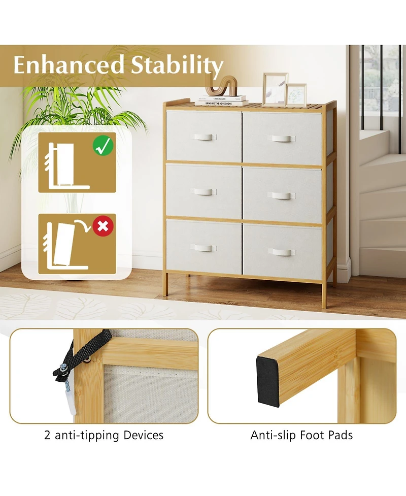 Sugift Fabric Dresser with 6 Drawers with 6 Folding Fabric Bins for Bedroom Living Room.