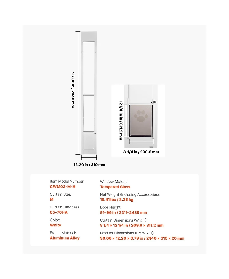 Cozito Dog Door for Sliding Glass 91-96 in Medium Flap Aluminum
