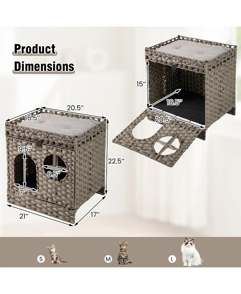 Cozito Cat Litter Box Enclosure Foldable 2-Tier Rattan with Mat