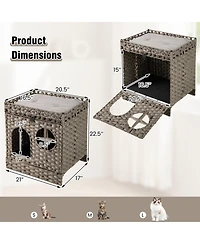 Cozito Cat Litter Box Enclosure Foldable 2-Tier Rattan with Mat
