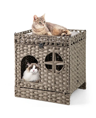 Cozito Cat Litter Box Enclosure Foldable 2-Tier Rattan with Mat