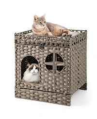 Cozito Cat Litter Box Enclosure Foldable 2-Tier Rattan with Mat