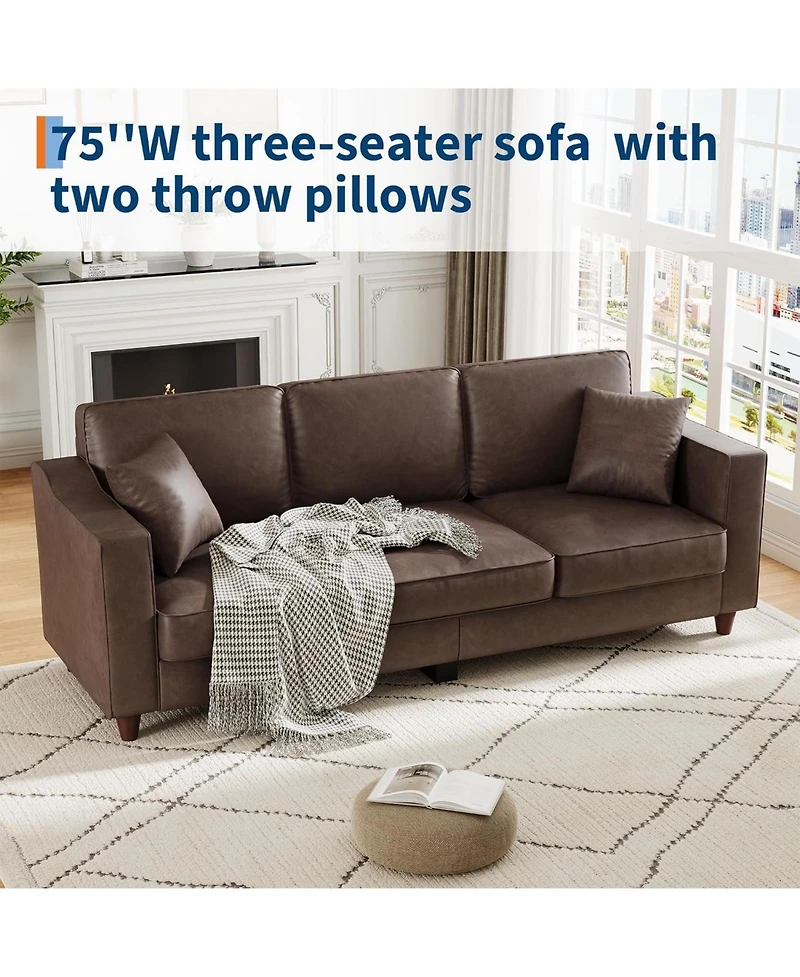 gaomon 85 Inch 3-Seater Sofa Couch Faux Leather Wide Armrests Deep Seats Wood Legs Back Cushion Sturdy Support