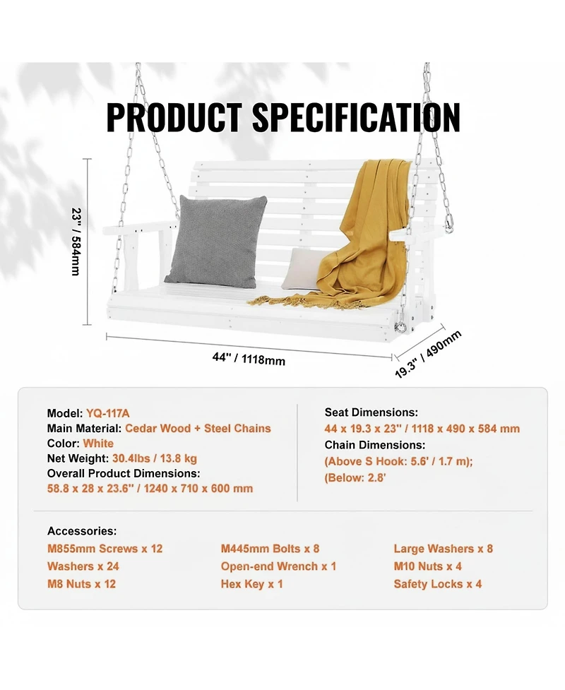 Gouun 4 feet Cedar Hanging Porch Swing with Galvanized Chains, 880 lbs Capacity