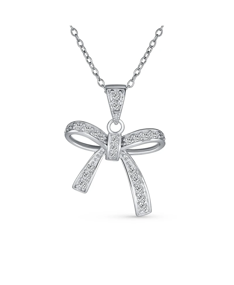 Bling Jewelry Dainty Cubic Zirconia Pave Cz Station Ribbon Bow Pendant Necklace