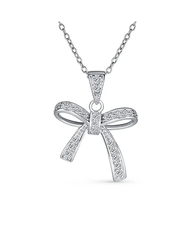 Bling Jewelry Dainty Cubic Zirconia Pave Cz Station Ribbon Bow Pendant Necklace