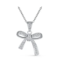 Bling Jewelry Dainty Cubic Zirconia Pave Cz Station Ribbon Bow Pendant Necklace