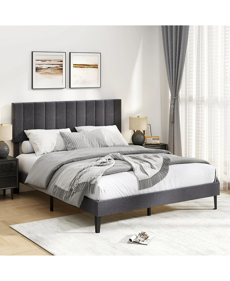 Sugift Queen Size Velvet Upholstered Platform Bed with Height Adjustable Vertical Channel Headboard