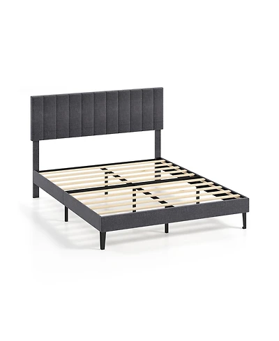 Sugift Queen Size Velvet Upholstered Platform Bed with Height Adjustable Vertical Channel Headboard