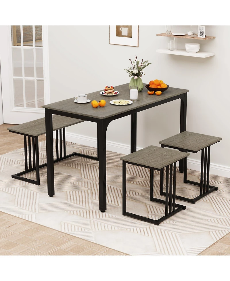 Sugift 4 Pieces Space-Saving Dining Table Set with Bench and 2 Stools-Oak