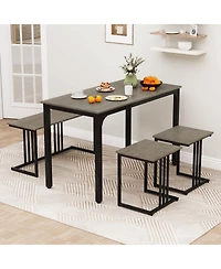 Sugift 4 Pieces Space-Saving Dining Table Set with Bench and 2 Stools-Oak