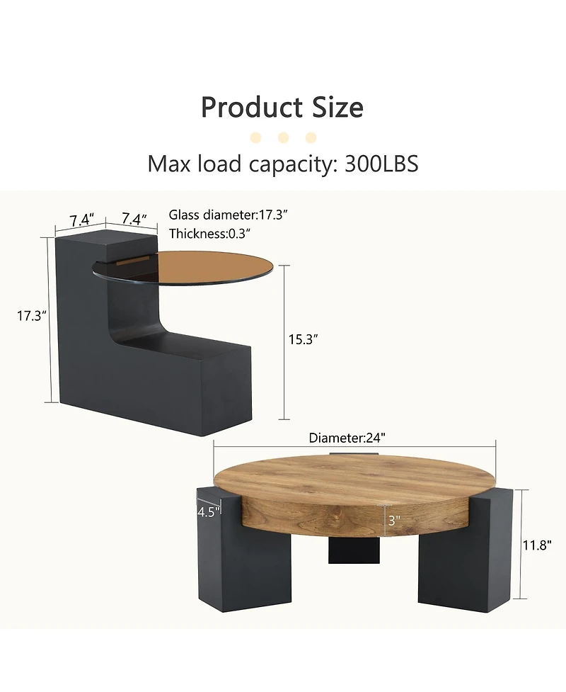 Rainsken Modern 2-Tier Coffee Table, Round Wooden Top with Black Block Legs and Glass Side Table for Living Room, Apartment