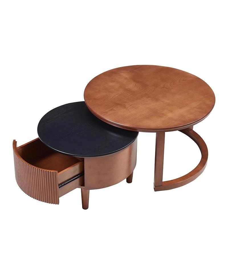 Rainsken Round Nesting Coffee Table Set with Two Tone Wood and Storage Drawer