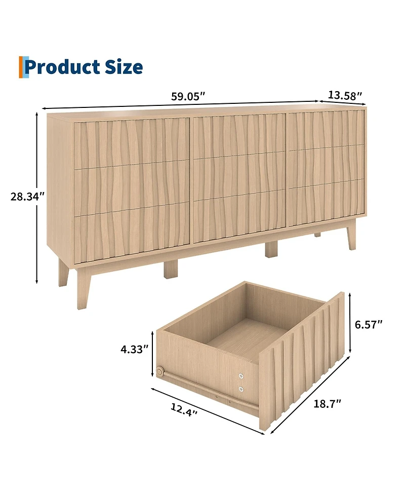 gaomon 9 Drawer Fluted Dresser, Wood Storage Cabinet and Tv Stand for Bedroom, Living Room, Entryway