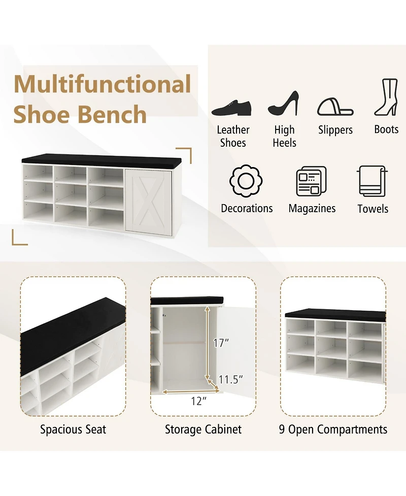 Gouun 9-Cube Shoe Bench with Adjustable Shelves and Removable Cushion