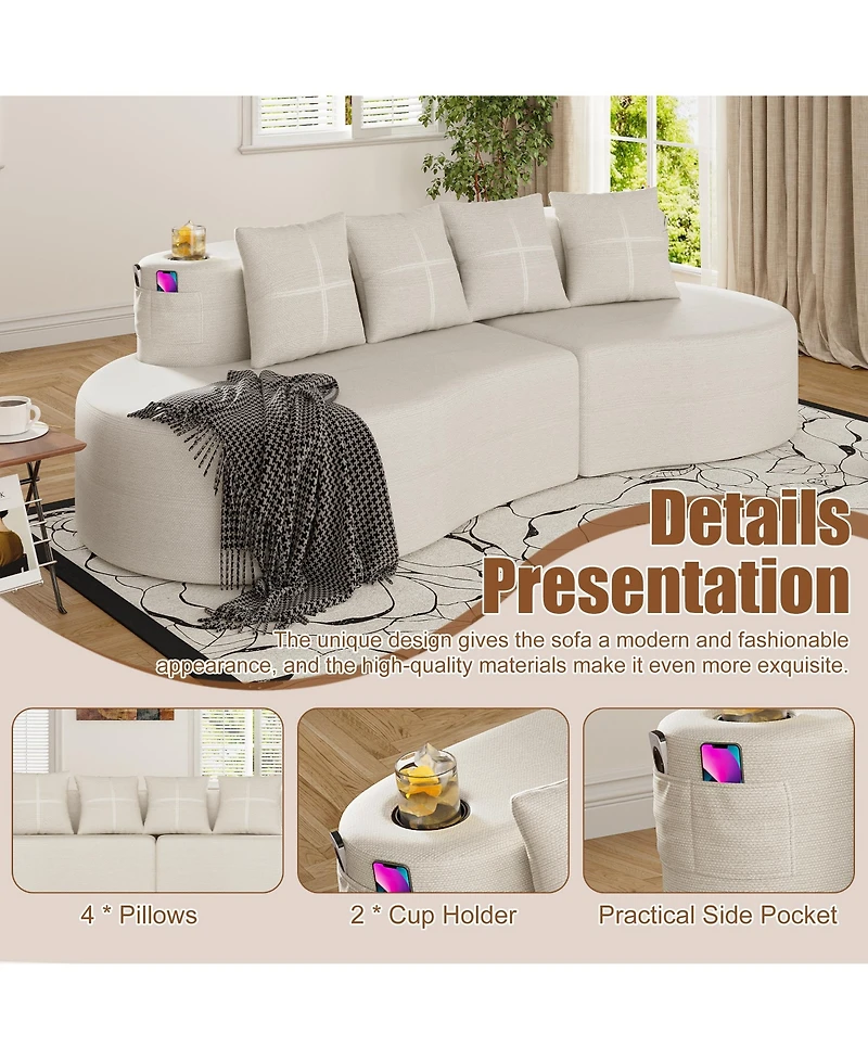Rainsken Modern Curved Modular Sectional Sofa, 3-Seater Half Moon Couch with Chenille Fabric, 2 Cup Holder and Side Pockets for Living Room
