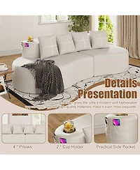 Rainsken Modern Curved Modular Sectional Sofa, 3-Seater Half Moon Couch with Chenille Fabric, 2 Cup Holder and Side Pockets for Living Room