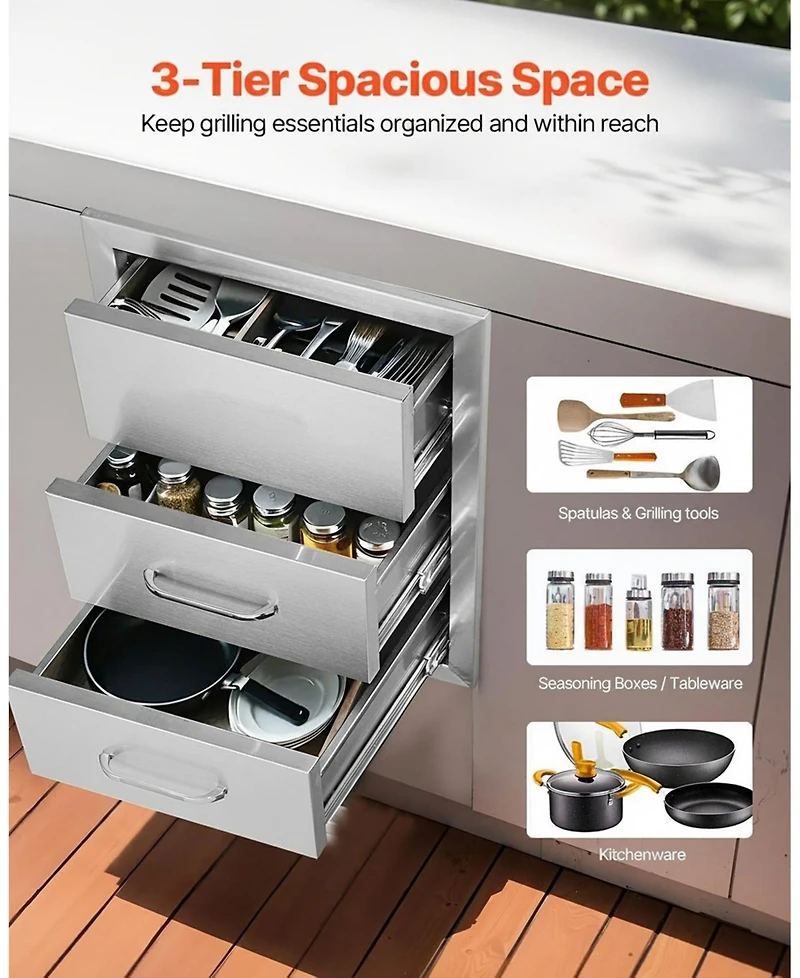 Gouun Stainless Steel Triple Bbq Drawers, Flush Mount