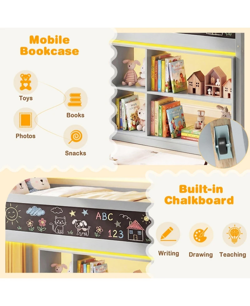 Gouun Twin Size Loft Bed with Led Lights and Storage Shelves