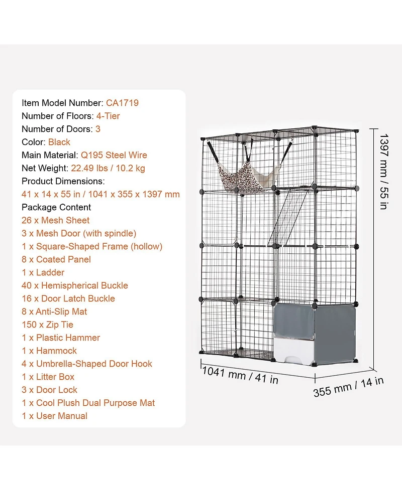 Cozito Cat Cage 4-Tier 41x14x55 in Metal Enclosure with Hammock