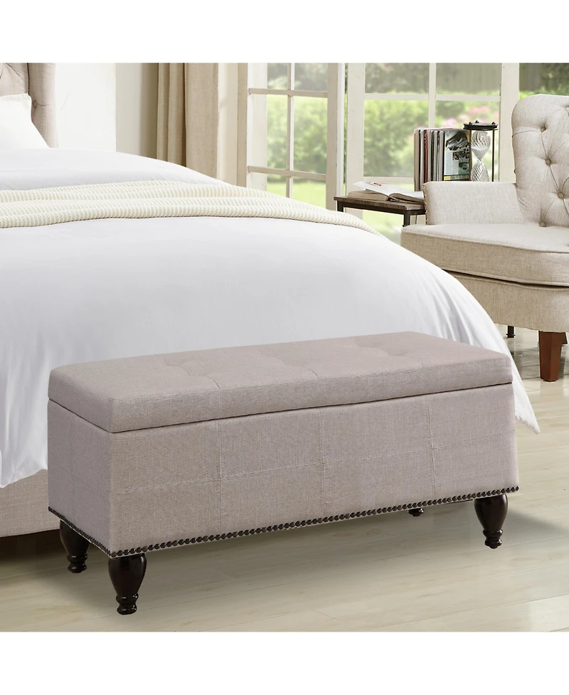 Boyel Living Linen Nailhead Accent Stool with Dark Wooden Legs, Versatile Shoe Bench and Seating