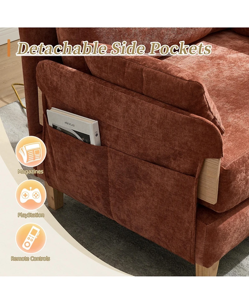 Rainsken Chenille Convertible Sleeper Sofa Bed with 3 Pillows and Side Pocket, Modern Lounge Recliner for Living Room