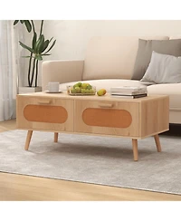 Sugift Rattan Coffee Table Mid Century Modern Center Table with 2 Storage Drawers-Natural