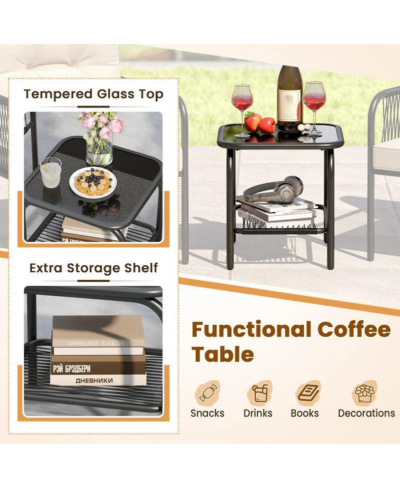 Gouun 3-Piece Pe Wicker Patio Bistro Set with Cushions and Glass Coffee Table