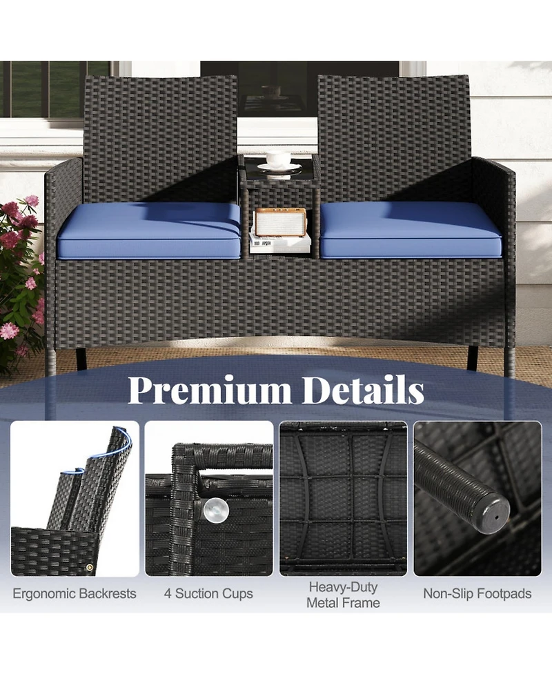 Gouun Pe Rattan Patio Loveseat with Built-In Tempered Glass Table and Cushions