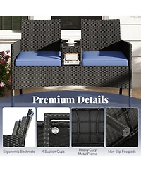 Gouun Pe Rattan Patio Loveseat with Built-In Tempered Glass Table and Cushions