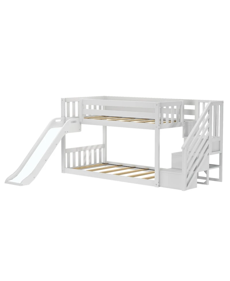 Max & Lily Low Twin over Twin Bunk With Stairs, Easy Slide Farmhouse Curtain