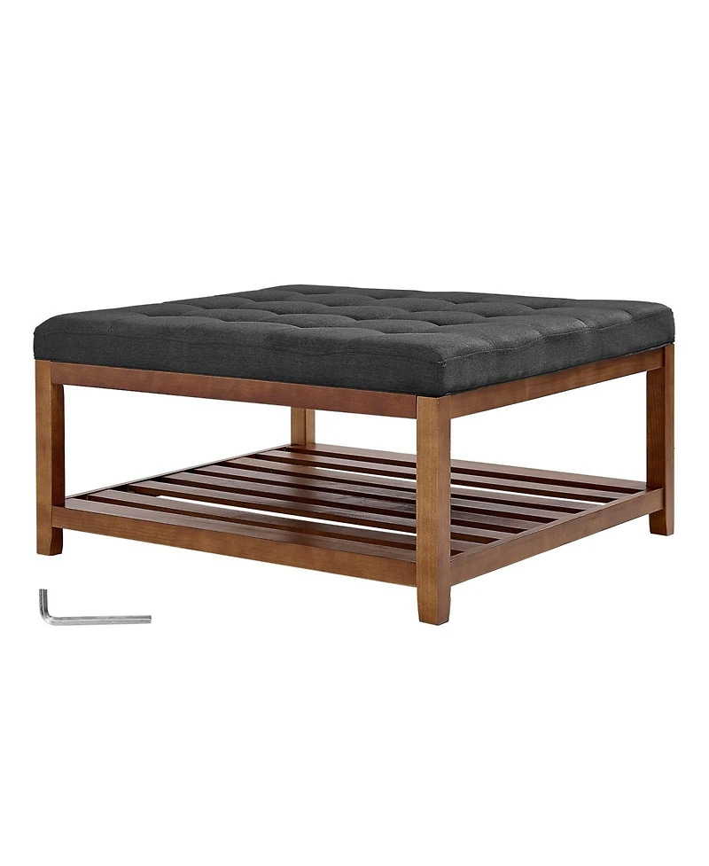 Sugift Large Square Ottoman Coffee Table, 34.5" Tufted with Wood Shelf Storage