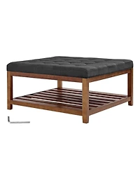 Sugift Large Square Ottoman Coffee Table, 34.5" Tufted with Wood Shelf Storage