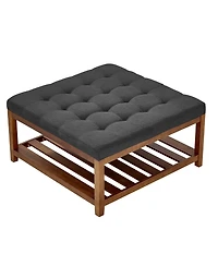 Sugift Large Square Ottoman Coffee Table, 34.5" Tufted with Wood Shelf Storage