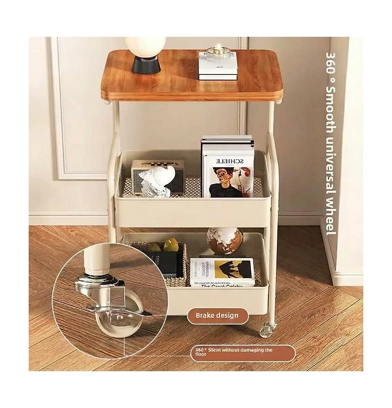 gaomon 3-Tier Rolling Cart w/Wooden Tabletop, Utility Cart w/Lockable Wheels, Multipurpose Storage Organizer Trolley for Kitchen, Office