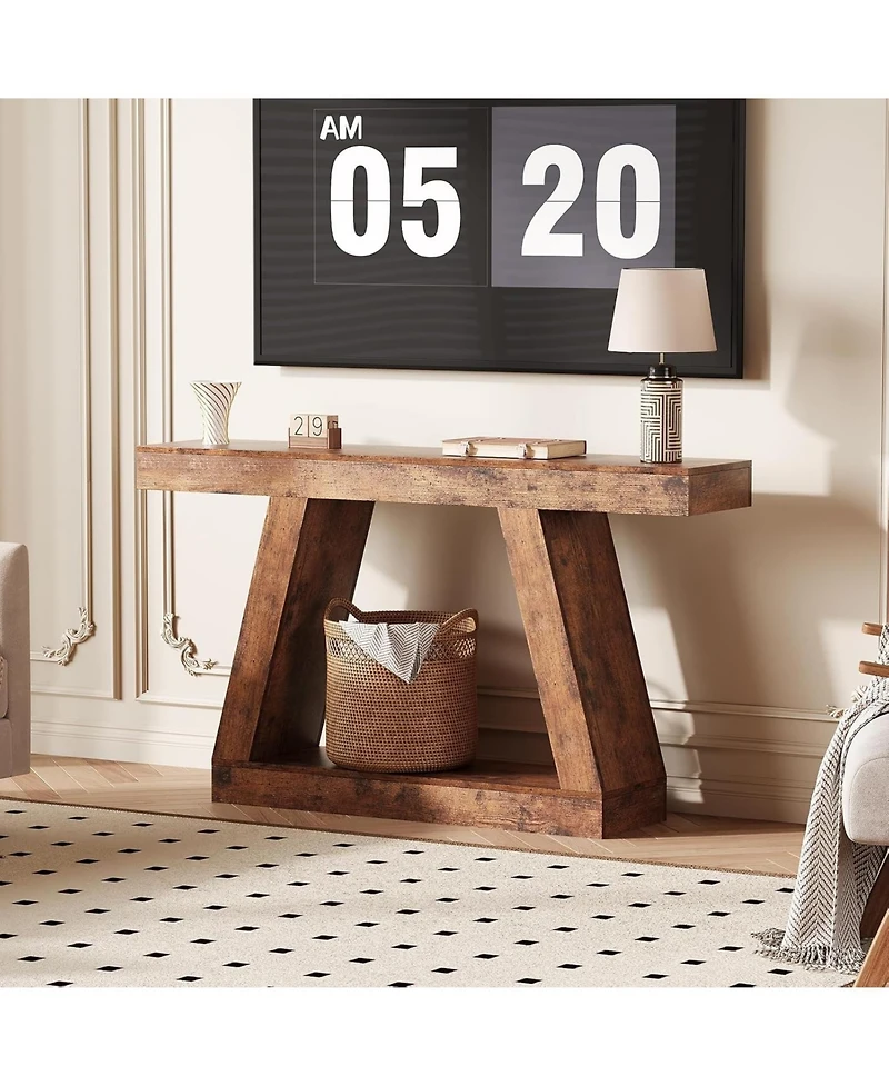 gaomon Farmhouse Console Table with Trapezium Design - 55" Wooden Sofa Table with Open Storage Shelf, Industrial Entryway Table for Living Room