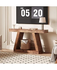 gaomon Farmhouse Console Table with Trapezium Design - 55" Wooden Sofa Table with Open Storage Shelf, Industrial Entryway Table for Living Room