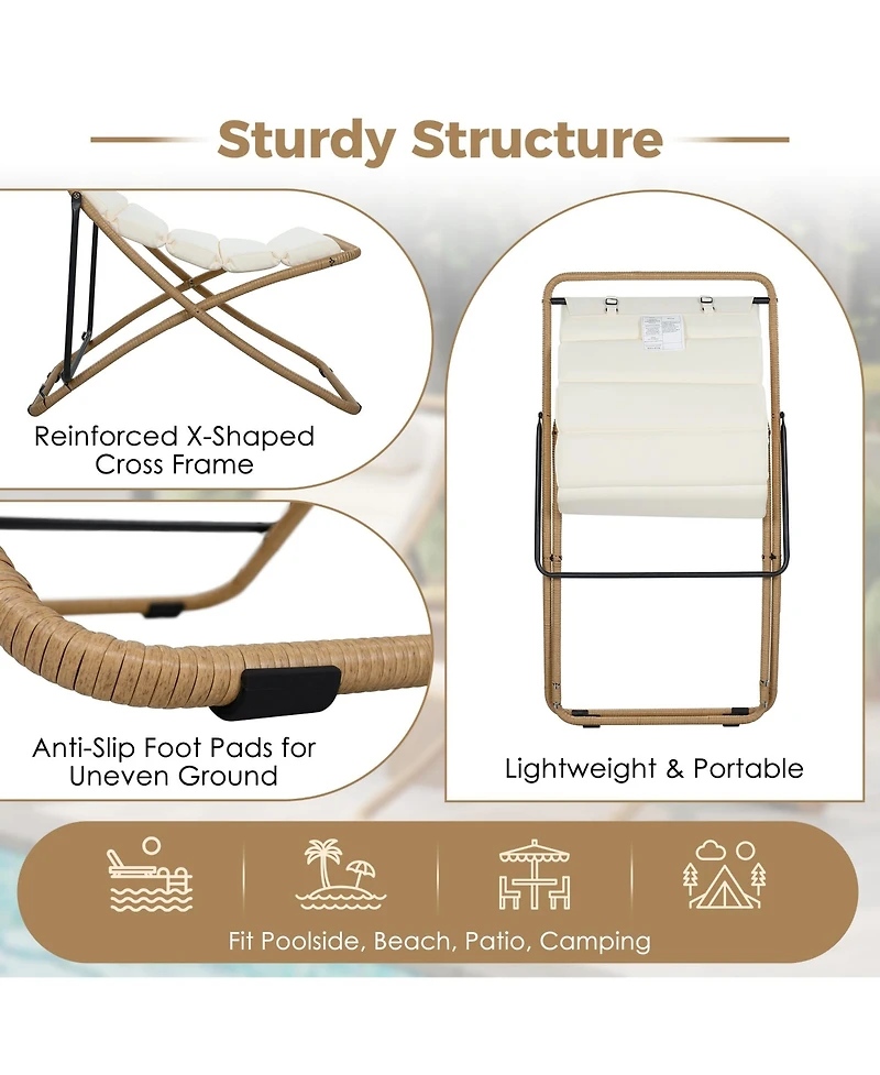 Rainsken 2-Piece Foldable Rattan Lounge Chair Set, Outdoor Reclining Chair with Adjustable Backrest, Thick Cushion and Removable Headrest for Beach