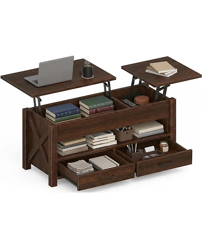 gaomon 47.2" Lift Top Coffee Table with Storage, Split Lift Design, 2 Drawers and Hidden Compartment, Farmhouse Center Table