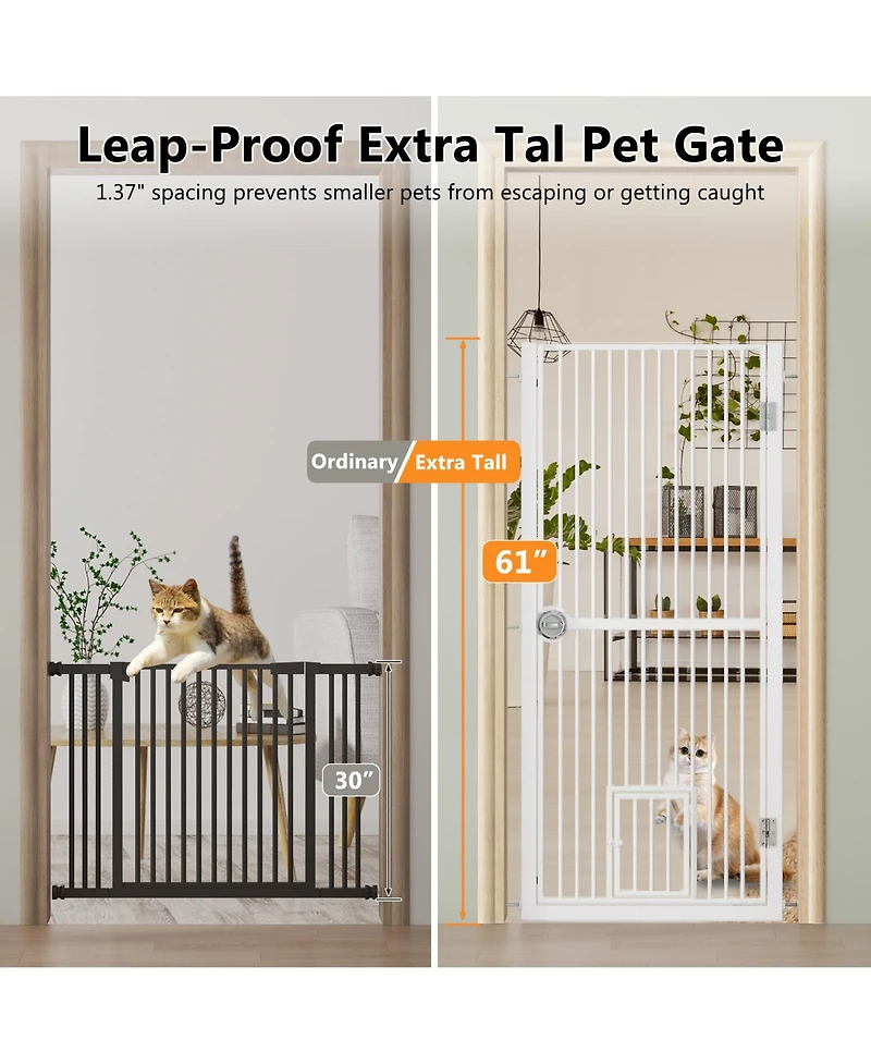 Aostirmotor 61" Extra Tall Pet Gate, adjustable built-in cat door, pressure mount no drilling, ideal for doorways and kitchen
