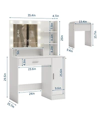 Homfan Modern Vanity Desk with Mirror Led Lights, Power Outlet, Storage Shelf, Hairdryer Rack, Adjustable Lighting, Cushioned Stool for Bedroom